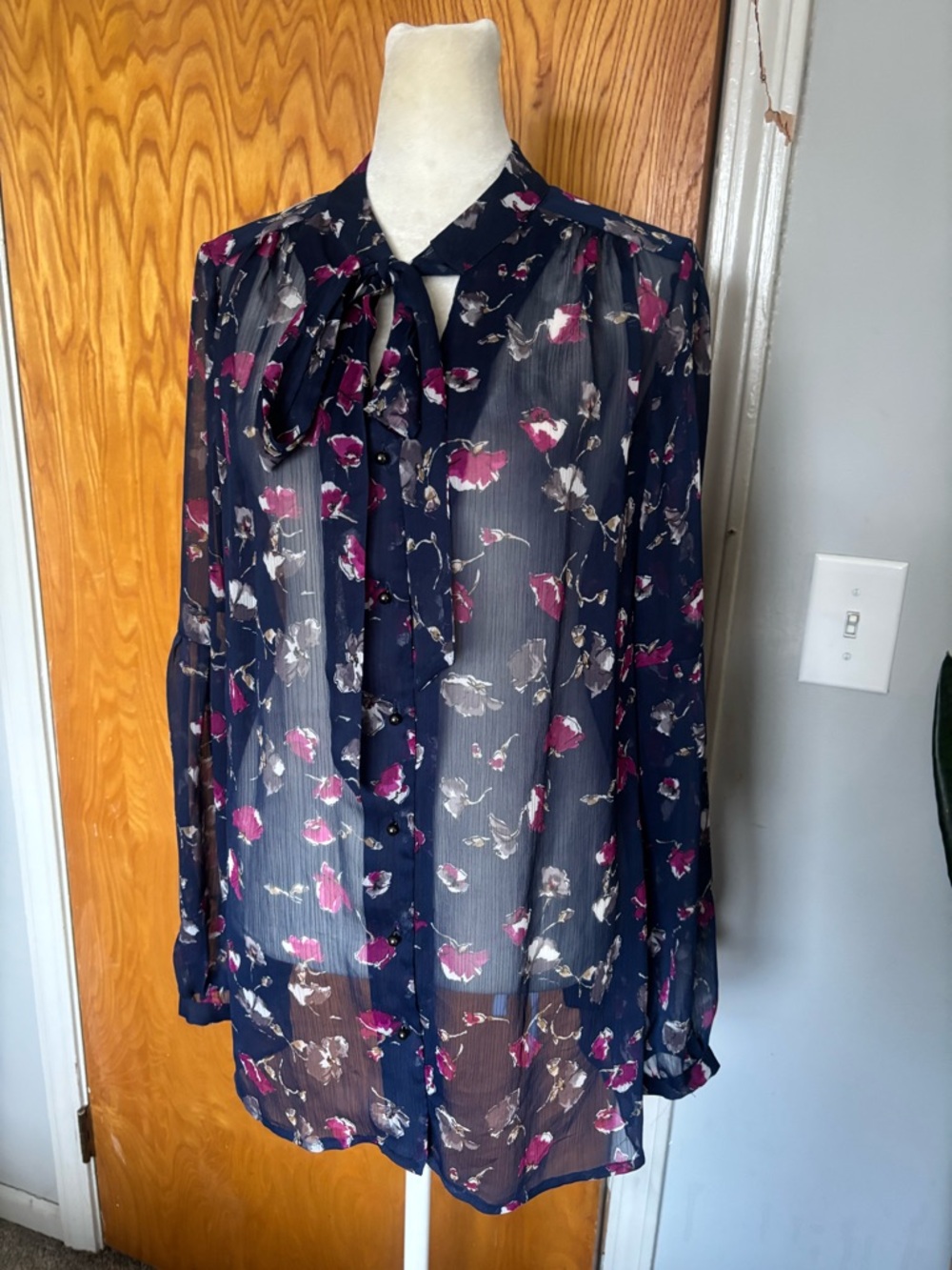 Express Navy Sheer Floral Tie-Neck Blouse